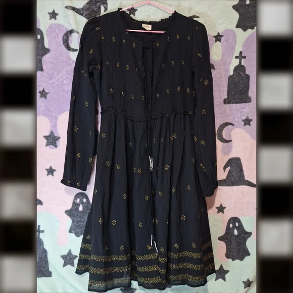 Free People Witchy Black Mini Dress 🖤 Gold Star Print, Bell Tassel - Small - Picture 3 of 5